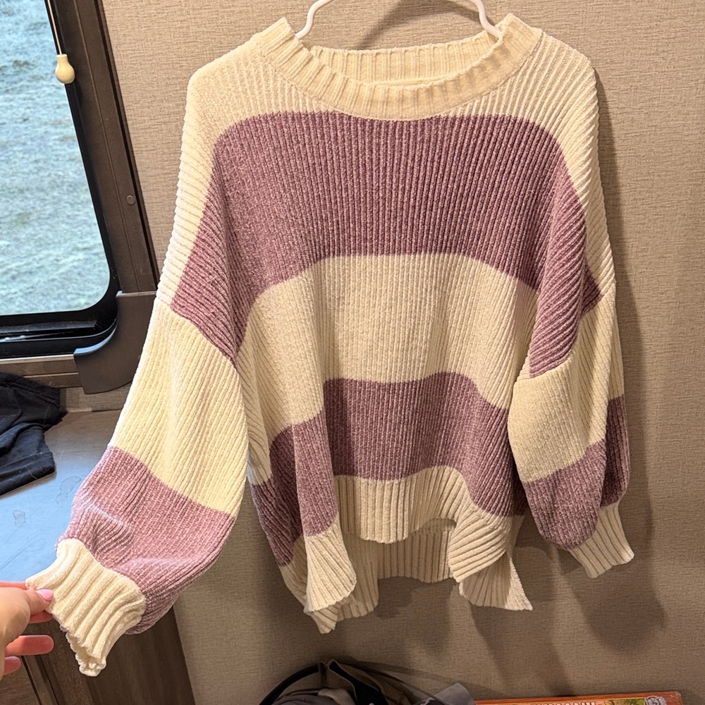 Altar'd State Cream and Purple Striped Sweater